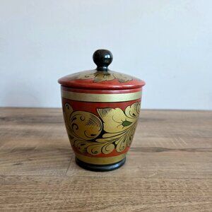 Vintage Russian traditional Khokhloma hand painted wooden lidded container. USSR